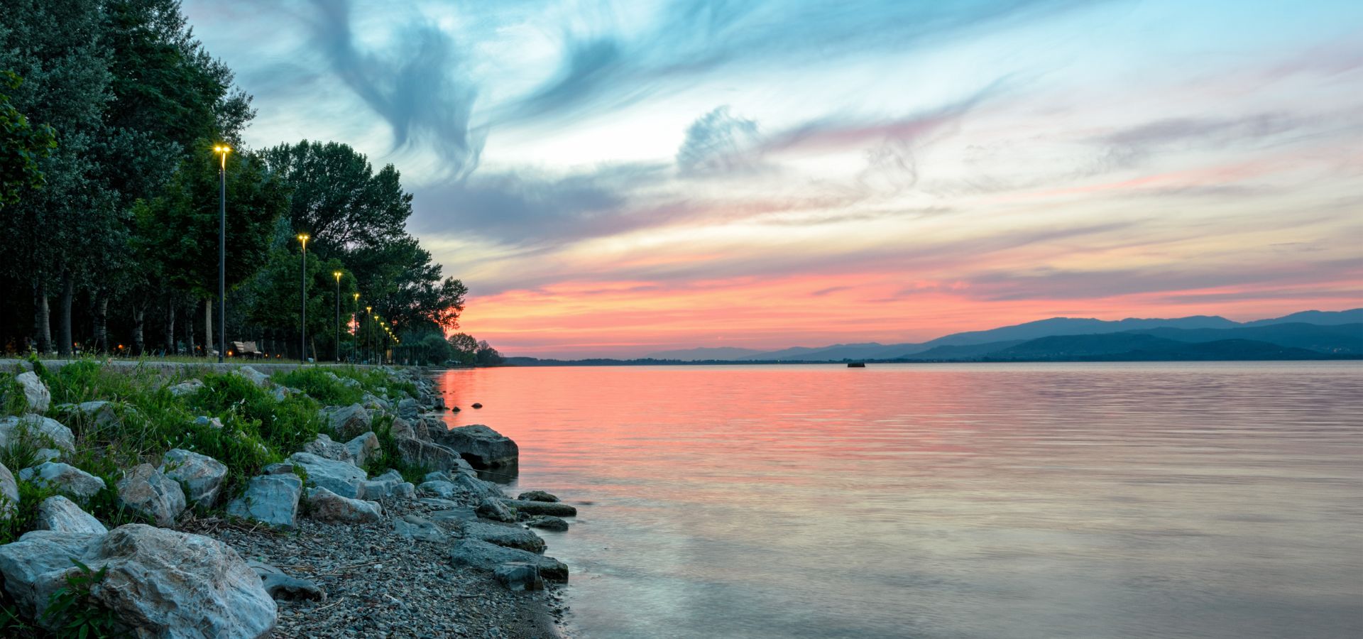 Lake Trasimeno at sunset near Castiglione del Lago