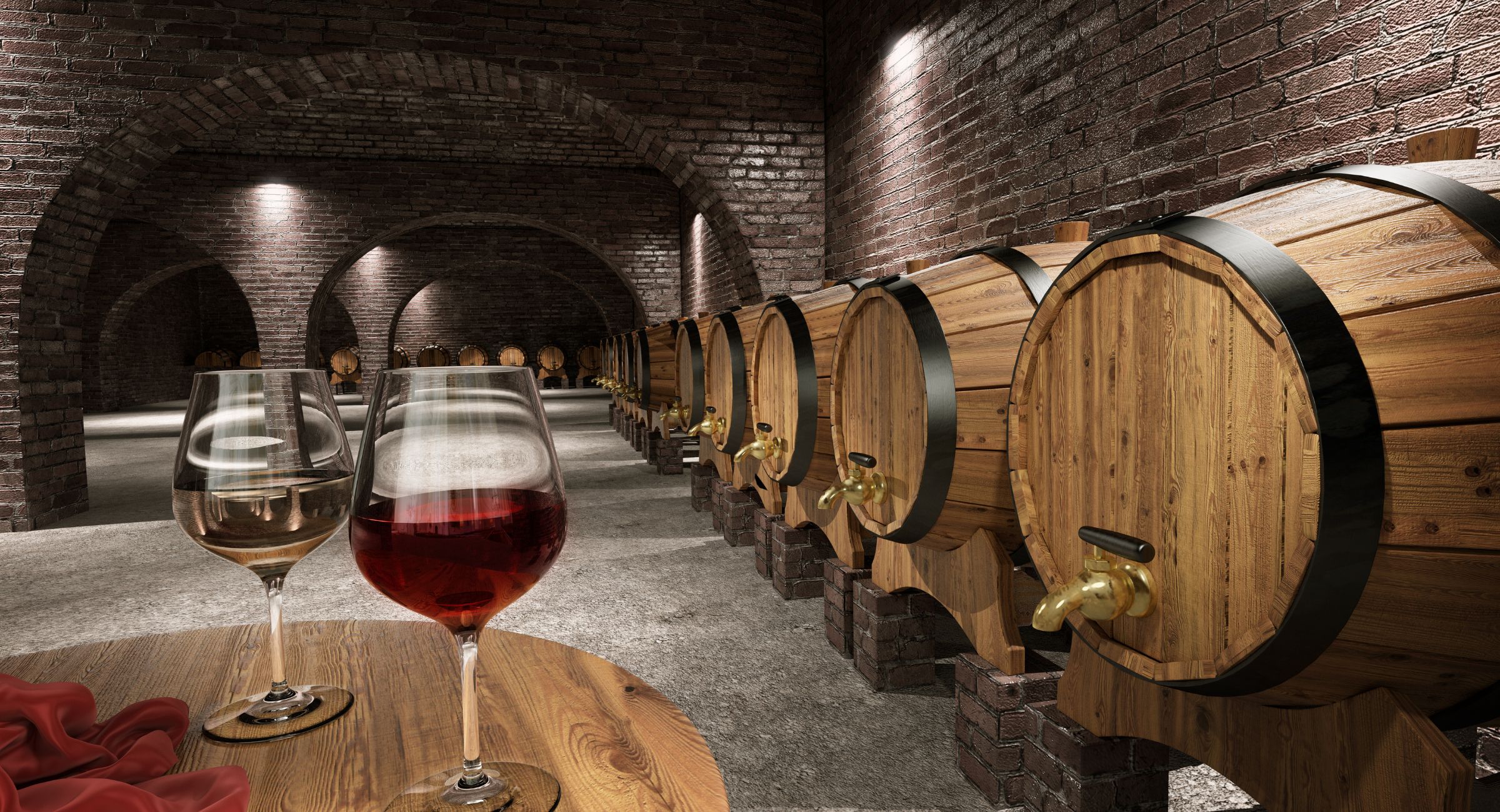 Wine cellar with wooden barrels and tasting glasses in Umbria