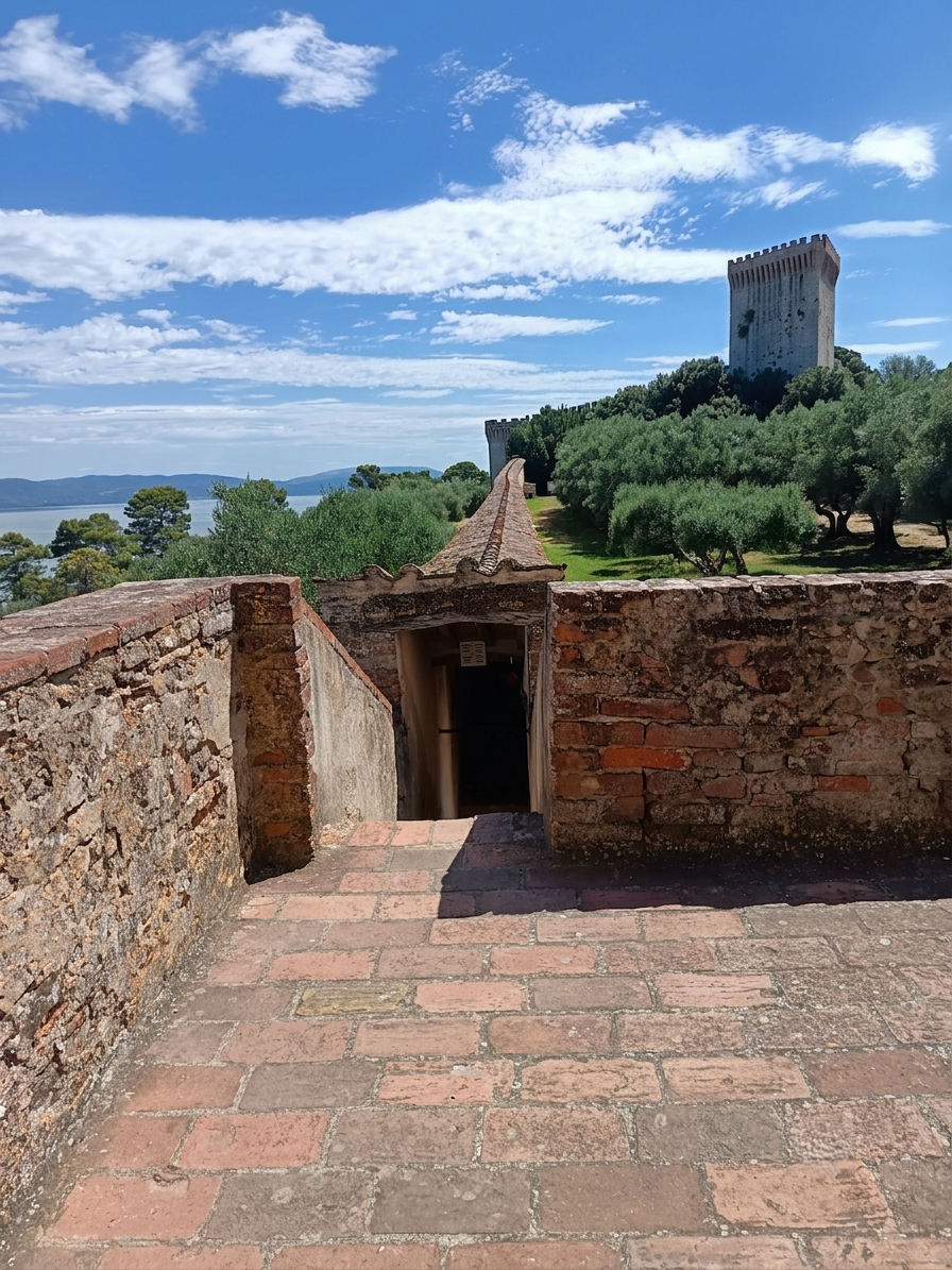 Historic buildings and olive trees overlooking Lake Trasimeno